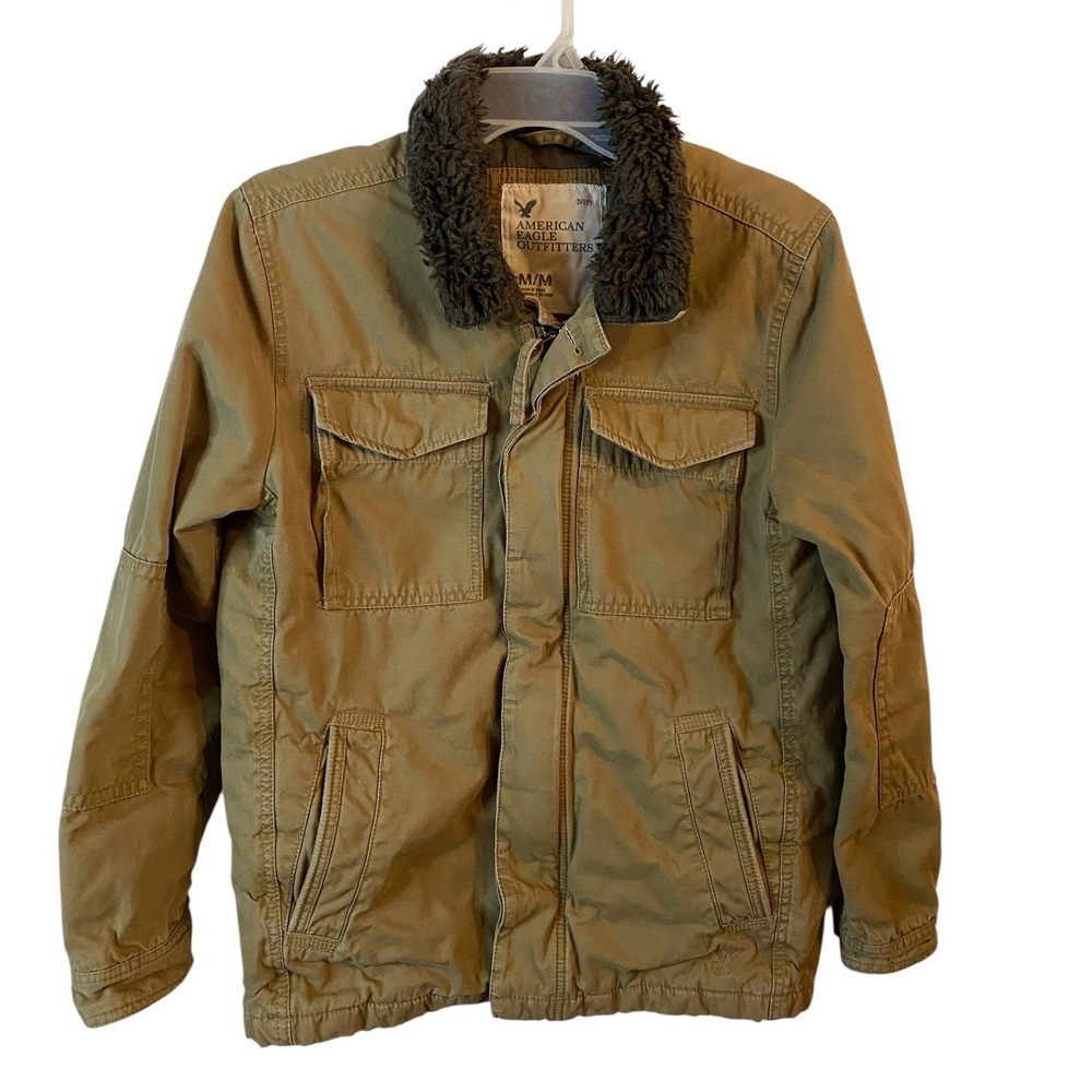 American Eagle Mens Khaki Brown Jacket Sherpa Faux Fur Collar Quilted Lining M